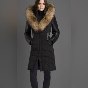 Danier Black Puffer Coat with Fur Trim and genuine leather sleeves.